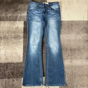 LEI Sophia Hipster Flare Jeans Blue Denim Size 3 Regular Distressed 27X29.5 Boho